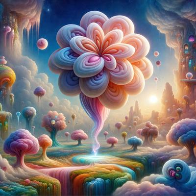 The primary subject of the image is a large, colorful, and whimsical flower. The flower is surrounded by a variety of other flowers, creating a vibrant and lively scene. The setting is a surreal landscape, with a sky visible in the background. The visual style of the image is digital art, as it appears to be a painting or drawing created using digital tools. The dominant colors in the image are pink, orange, and blue, giving the scene a cheerful and playful atmosphere.